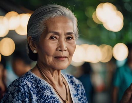 A resident woman from Thailand, showcasing her graceful presence while surrounded by colorful market lights. The lively backdrop enhances the warmth of the moment on a beautiful evening.