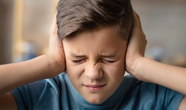 Scared kid portrait keeps hands covering ears, sad eyes feeling discomfort and emotional stress. Child victim of home abuse and domestic violence
