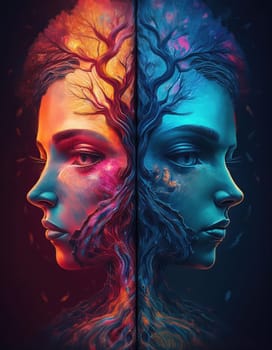 Split personality conceptual background depicts a surreal tree with two distinct halves. Warm toned left side and cool on the right. Roots and branches intertwine, creating a symmetrical composition