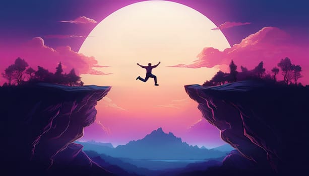 Silhouette of a man jumping above a chasm obstacle over dusk background. Conceptual and inspiring scene as confident person shows motivation and perseverance in self overcoming for achieving goals