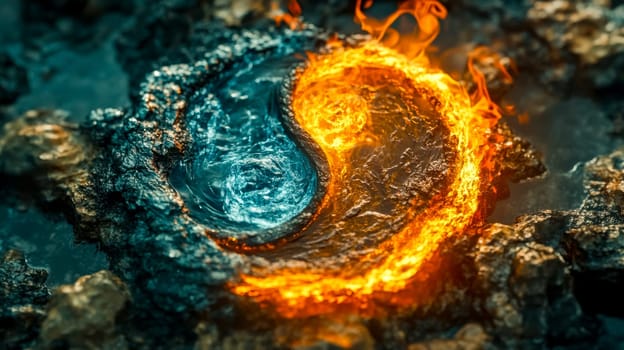 Fire and water are swirling together, creating a yin and yang symbol, representing the balance of opposite forces in nature, highlighted by dramatic lighting and textures