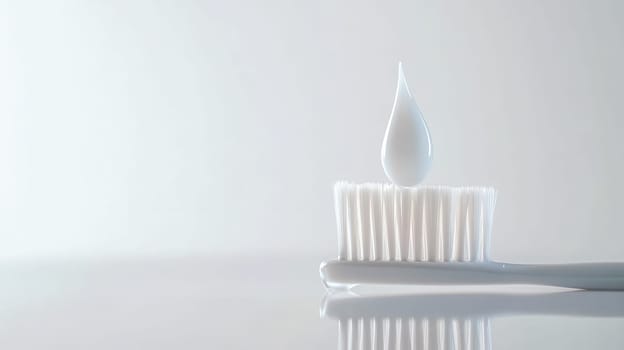 Toothbrush balancing a drop of white toothpaste on its bristles, emphasizing the importance of oral hygiene and promoting dental health in a clean and minimalistic setting