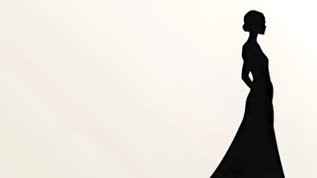 Minimalist fashion illustration showcasing a stylish female silhouette wearing an elegant long dress, posing gracefully against a clean white backdrop, ideal for fashion related projects