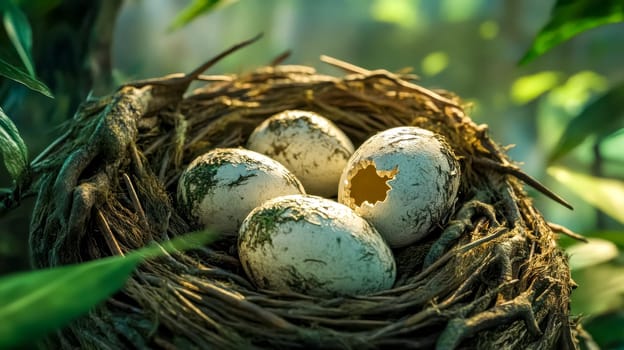 Four dinosaur eggs rest in a nest, one with a crack revealing the beginning of new life in a lush prehistoric jungle environment, bathed in the warm glow of sunlight