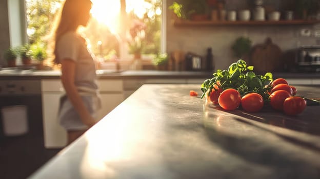A realistic depiction of a kitchen countertop in sharp focus, with a blurred background showcasing a woman cooking. The soft lighting and natural composition create an inviting, warm atmosphere, emphasizing the simplicity and beauty of everyday moments in the kitchen.