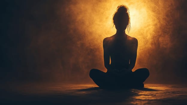 A serene silhouette of a woman sitting calmly with her hands on her heart, eyes closed, deeply connected to herself. Surrounded by a subtle glowing aura, she radiates peace and warmth. The dark, minimalist background and soft lighting create an intimate, cozy atmosphere, emphasizing emotional connection and simplicity. Perfect for a YouTube thumbnail, this cinematic composition highlights warmth, contours, and tranquility.