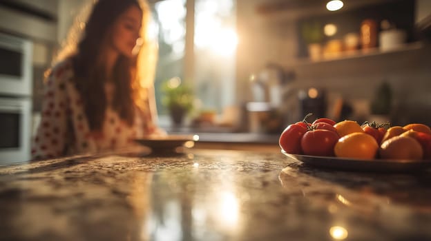 A realistic depiction of a kitchen countertop in sharp focus, with a blurred background showcasing a woman cooking. The soft lighting and natural composition create an inviting, warm atmosphere, emphasizing the simplicity and beauty of everyday moments in the kitchen.