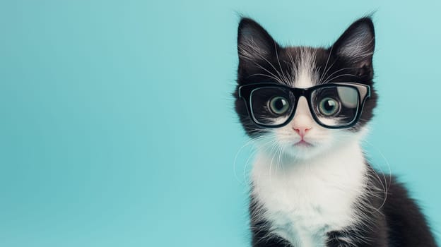 An elegant tuxedo kitten wearing minimalist glasses, set against a pale blue studio background. The stylish tone and refined simplicity make this image a charming and contemporary visual.