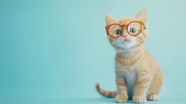 A cute kitten wearing minimalist glasses, set against a soft pale blue studio background. The image exudes a stylish tone, capturing the perfect blend of adorable simplicity and contemporary charm.