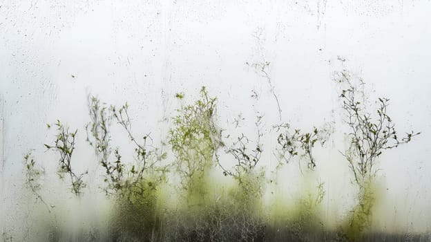 An abstract background featuring moss and plants obscured behind thick, white frosted glass. The image conveys a blurry, grainy effect with barely visible details, creating a serene and minimalist aesthetic with ample negative space.