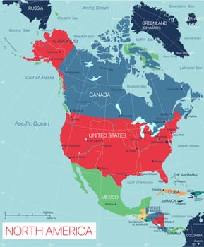 North America detailed editable map with cities and towns, geographic sites. Vector EPS-10 file, trending color scheme