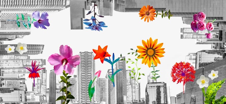 Downtown Miami cityscape view with condos and office buildings . Art collage or design with flowers
