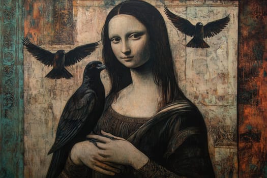 Painting of mona lisa holding a raven, with two other birds flying, in a textured, vintage style