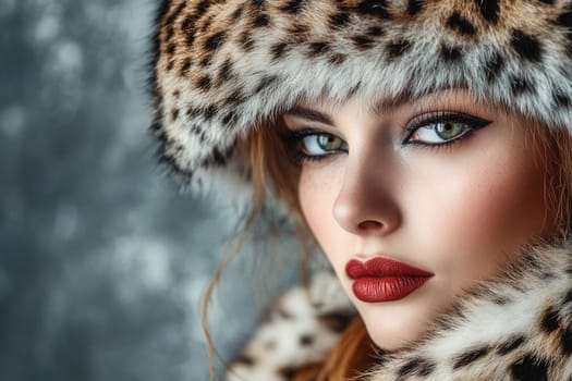 Close up portrait of a fashion model wearing a leopard faux fur hat and red lipstick, embodying winter glamour and style