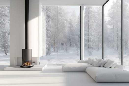 Minimalist white living room with modern fireplace and large windows overlooking a snowy winter forest