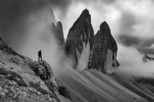 Dramatic black and white landscape featuring a hiker admiring the tre cime di lavaredo peaks shrouded in mist