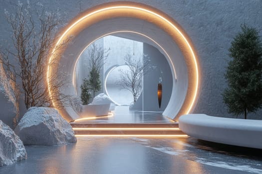 Circular lights illuminating a futuristic building entrance with snow covered trees and rocks