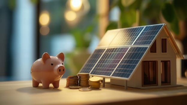 Miniature house with solar panels, piggy bank, and stacked coins symbolizing energy efficiency and financial savings