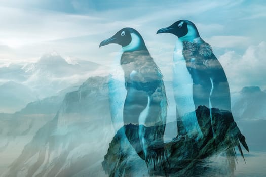 Two penguins appearing as guardians of their natural habitat, an antarctic landscape, in a double exposure image