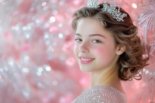 Portrait of a smiling girl wearing elegant clothes and a diadem posing in a pink decorated room