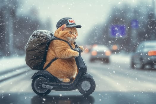 Funny ginger cat wearing cap and backpack riding scooter on snowy city street