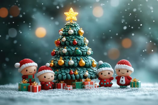 Adorable christmas characters enjoying festive season with decorated tree and gifts, creating a warm holiday atmosphere