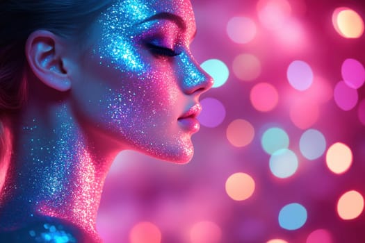 Fashion model posing with fluorescent body art and glitter makeup in a colorful bokeh background