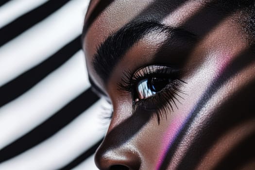 Close up of model's eye with artistic makeup and striped light projections in a beauty and fashion context