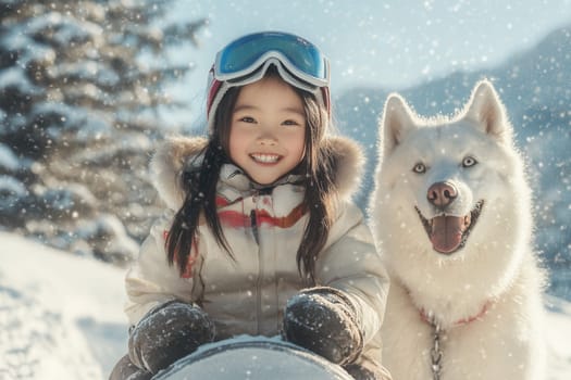 Smiling girl wearing ski goggles and winter clothes posing with husky dog in snowy mountain landscape