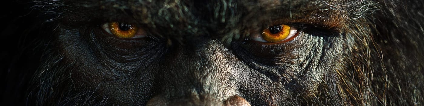An ultra-detailed, photorealistic extreme close-up of Bigfoot, showcasing matted hair and piercing yellow eyes with perfect symmetry. Captured in the style of documentary photography, using a Canon EF 100mm f/2.8L Macro IS USM lens, this image reveals the elusive creature hiding in a deep forest in stunning UHD clarity.