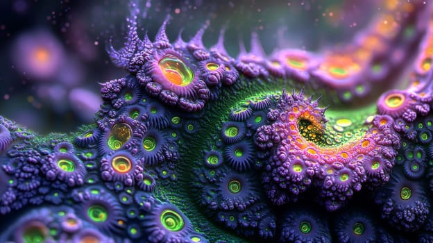 A mesmerizing piece of binaural-inspired art featuring a vibrant blend of purple and green tones, creating a surreal and trippy ambience. The image evokes a hypnotic and dreamlike experience with its fluid textures and otherworldly atmosphere.