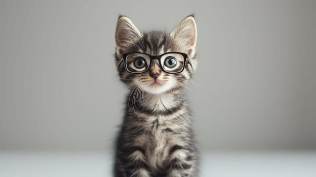 A cute kitten wearing minimalist glasses, set against a soft pale blue studio background. The stylish tone and simplicity of the composition highlight the kitten's charm and elegance, creating a modern and playful atmosphere.