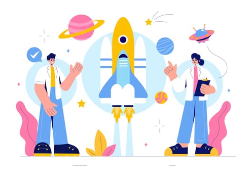 Astronomy Vector Illustration featuring People Observing a Starry Night Sky with Galaxies and Planets in Outer Space Using Telescopes in a Background