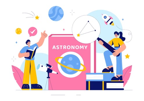 Astronomy Vector Illustration featuring People Observing a Starry Night Sky with Galaxies and Planets in Outer Space Using Telescopes in a Background