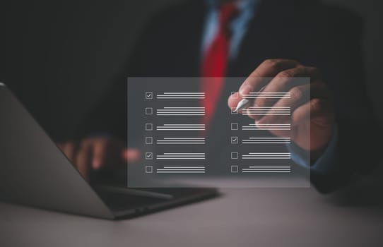 Audit business concept. Compliance with internal organization financial services regulation, Examination for business and financial management system. Checklist, review, test, and survey form online.