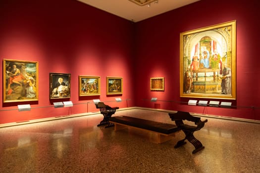Milan, Italy - 23 September 2023: Brera antique painting museum interior. Vintage art exibition, elegant indoor, nobody.