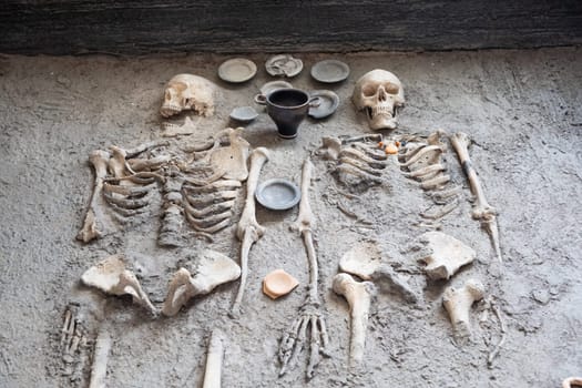 Comacchio, Italy - 11 June 2024, Etruscan tomb, inhumation of two deceased, in wodden crate. 350-300 BC.