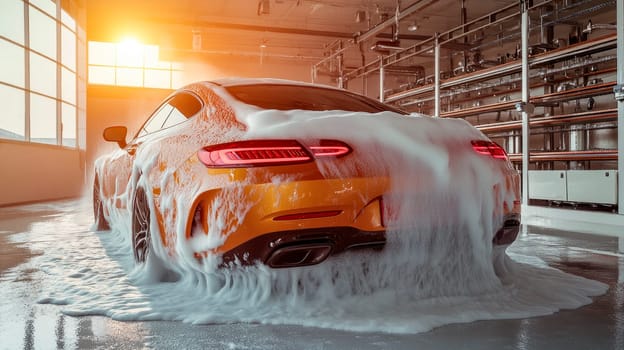 Rear view of an yellow car covered in washing soap and foam. AI generated