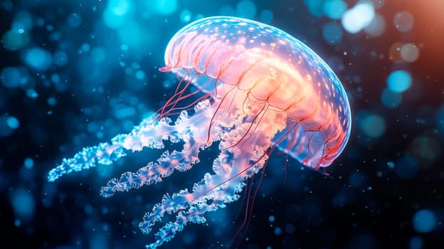 Glowing jellyfish drift gracefully in the tranquil depths of the ocean . AI generated
