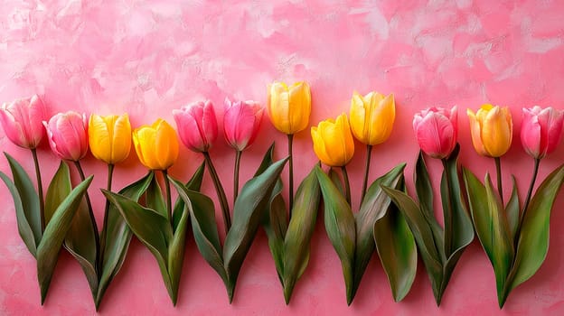 Colorful tulips spring flowers on pink background for Birthday, Easter, Mother and Woman Day. AI generated
