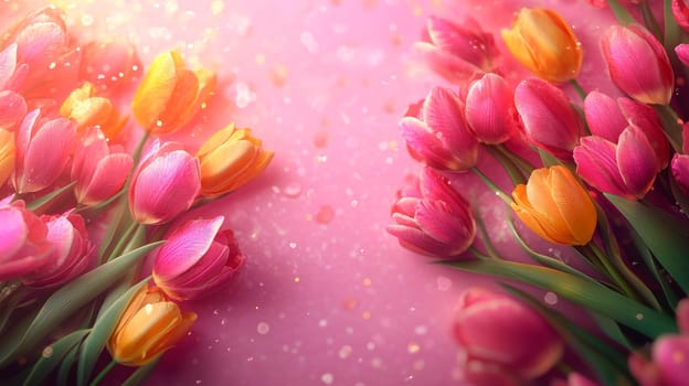 Colorful tulips spring flowers on pink background for Birthday, Easter, Mother and Woman Day. AI generated