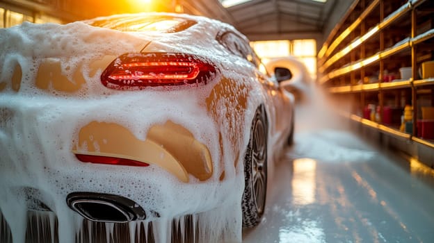 Rear view of a car covered in washing soap and foam. Close Up view. AI generated