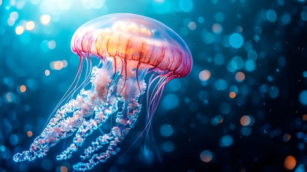 A glowing jellyfish drift gracefully in the tranquil depths of the blue ocean. AI generated
