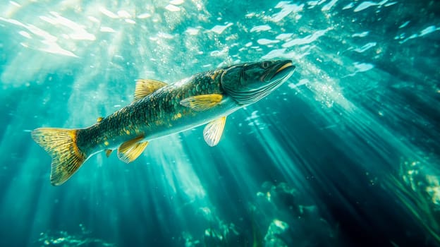 Calm Pike Fish swimming underwater in the sunlight. AI generated