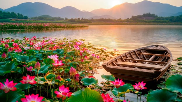 Beautiful  nature scenic landscape with empty boat and lotus flowers blooming on lake. Tourism and travel concept. AI generated