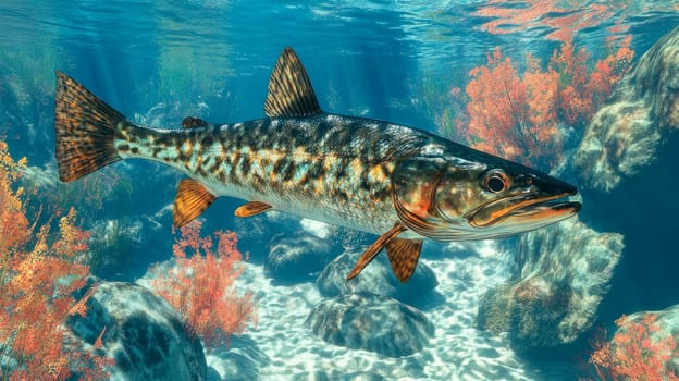 Pike Fish swimming underwater in the sunlight. AI generated