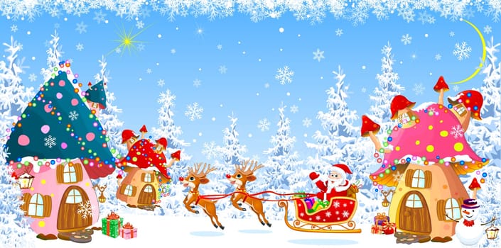 Santa on a sleigh against the background of mushroom houses and winter forest. Garland decorations. Beautiful Christmas trees. Gifts in the snow.