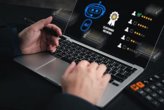 Hand navigating a digital review interface with AI and feedback icons, representing customer reviews and satisfaction analysis. Great for digital marketing, service reviews, and tech content.