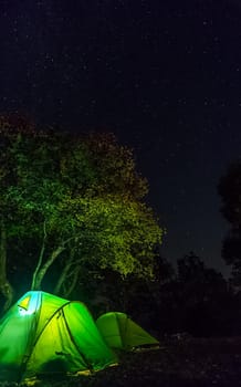 Tourist tents at night in the woods. The lights are on in the tents.