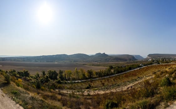Mountains and forests of Crimea. coniferous and deciduous trees on the hills of the mountains and rocks